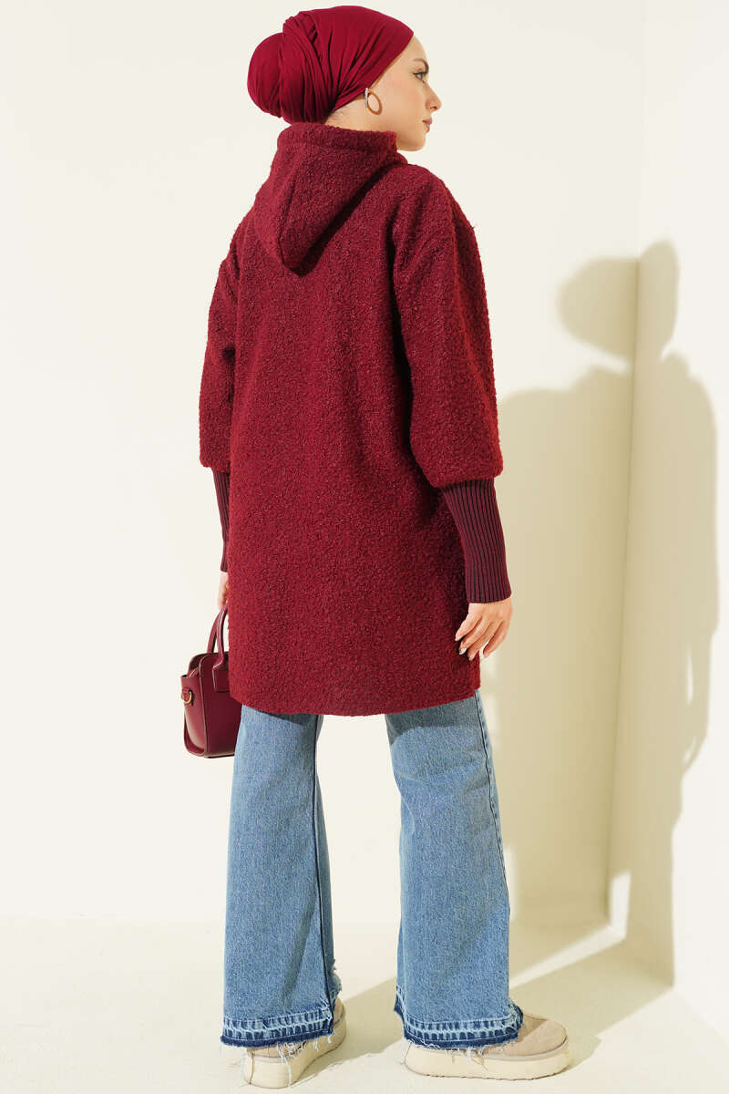 Hooded Bouclé Cape with Ribbed Cuffs - Burgundy