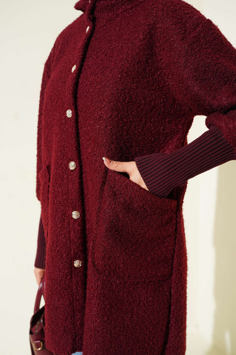 Hooded Bouclé Cape with Ribbed Cuffs - Burgundy