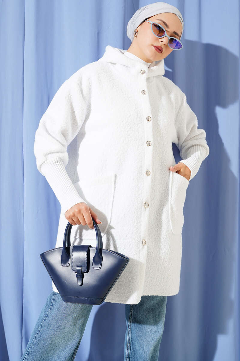 Hooded Bouclé Cape with Ribbed Cuffs - Ecru