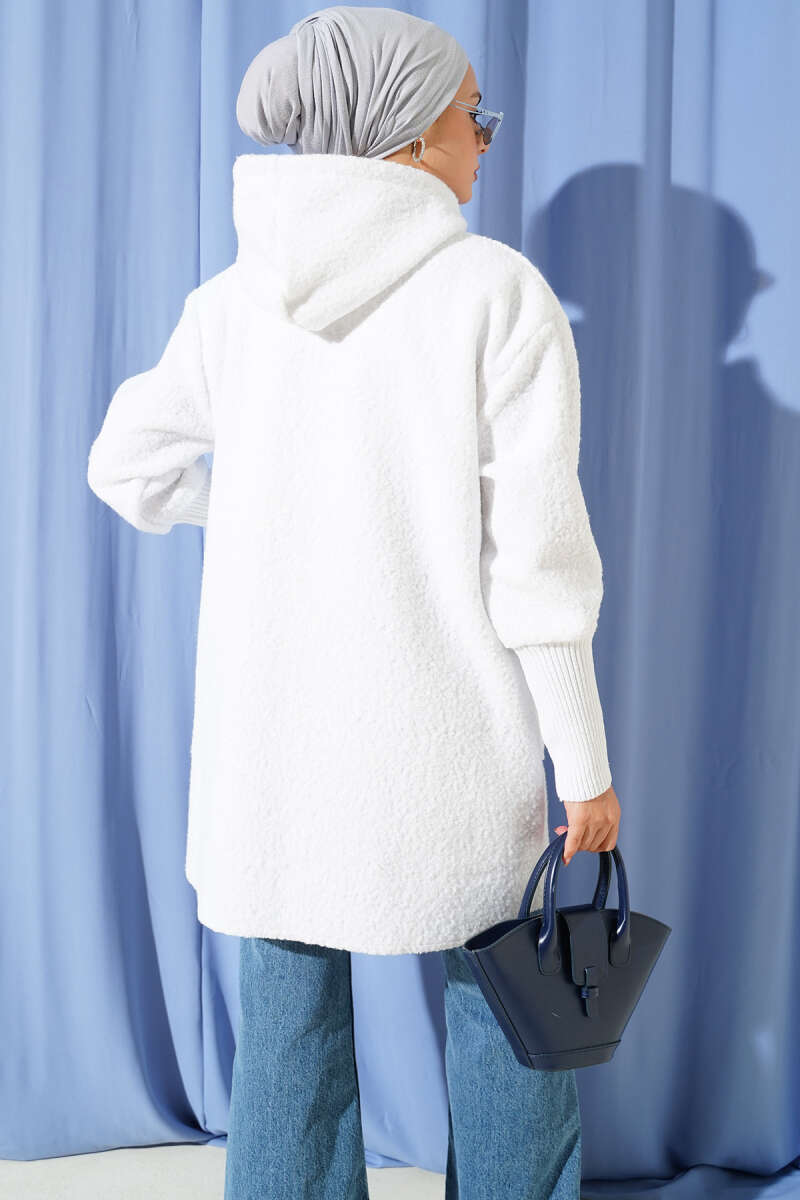 Hooded Bouclé Cape with Ribbed Cuffs - Ecru