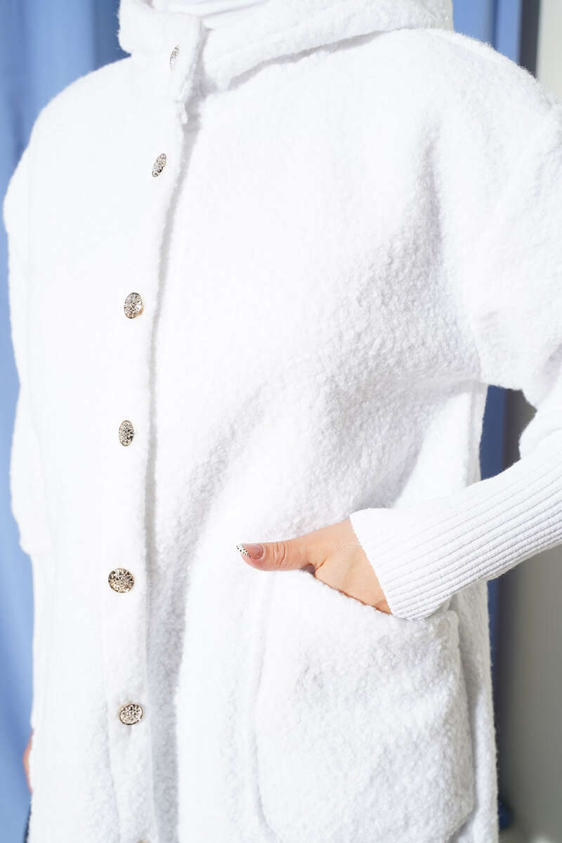 Hooded Bouclé Cape with Ribbed Cuffs - Ecru