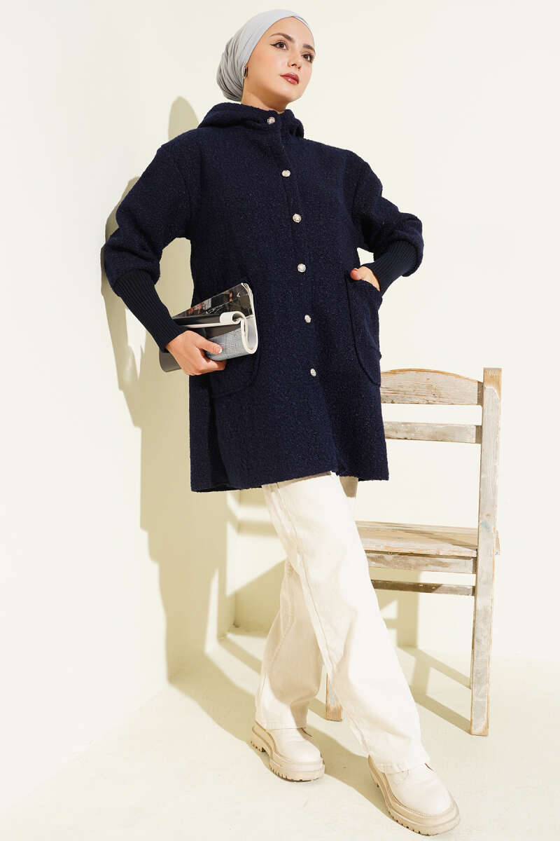 Hooded Bouclé Cape with Ribbed Cuffs - Navy