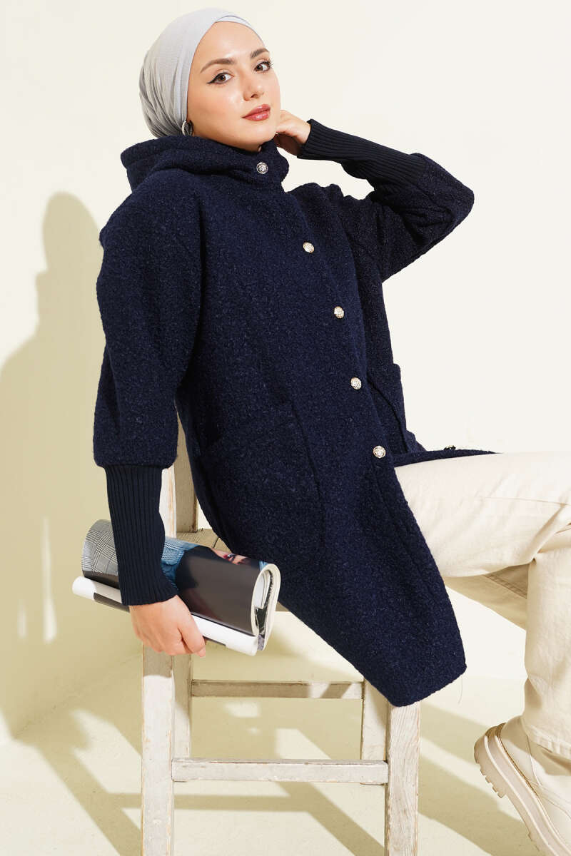 Hooded Bouclé Cape with Ribbed Cuffs - Navy