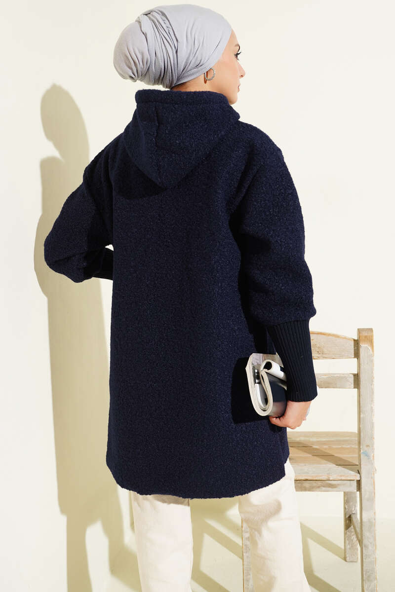 Hooded Bouclé Cape with Ribbed Cuffs - Navy