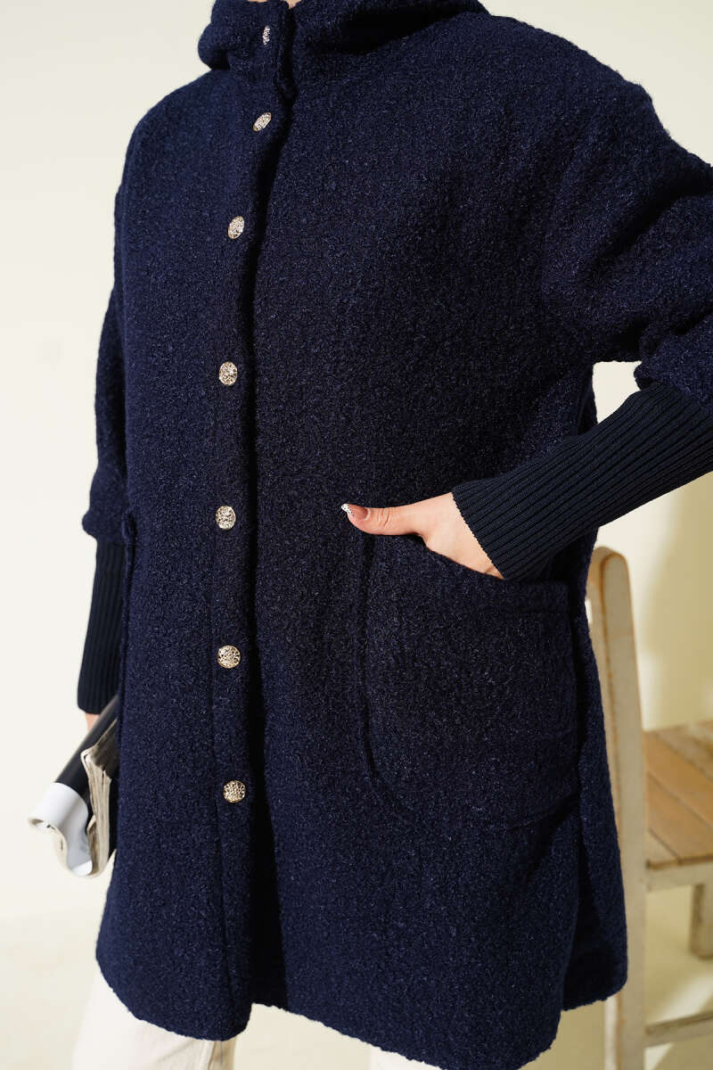 Hooded Bouclé Cape with Ribbed Cuffs - Navy