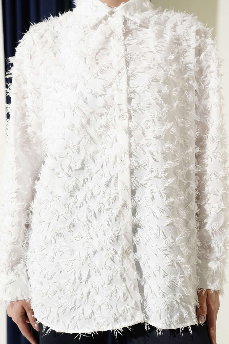Fluffy Shirt with Ribbed Cuffs - Ecru