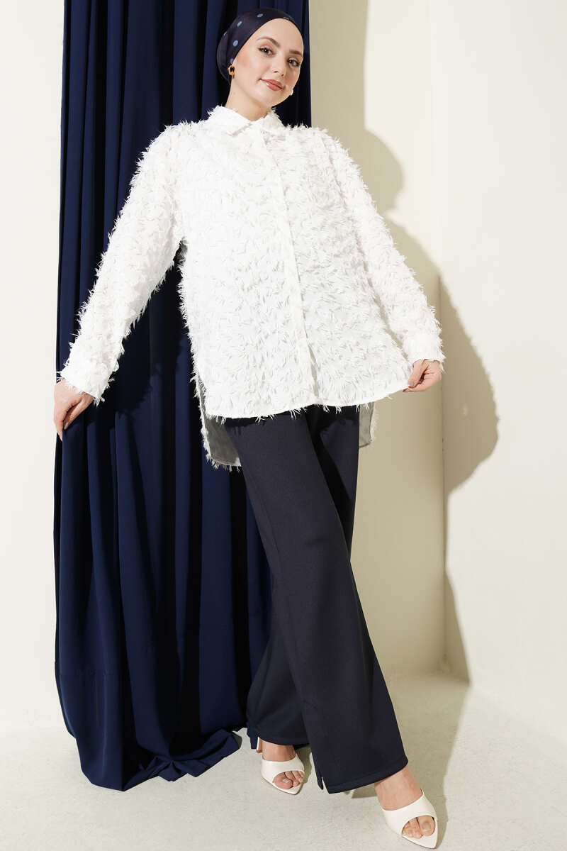 Fluffy Shirt with Ribbed Cuffs - Ecru