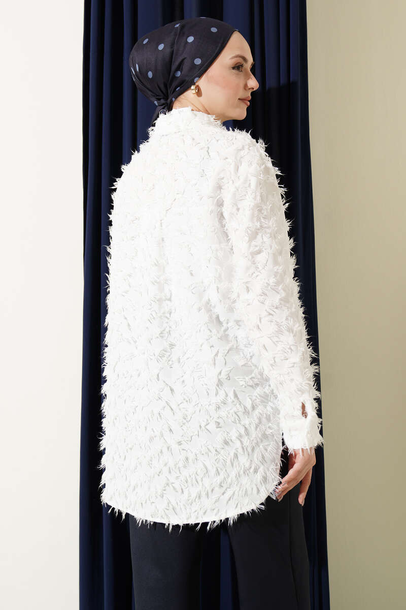 Fluffy Shirt with Ribbed Cuffs - Ecru