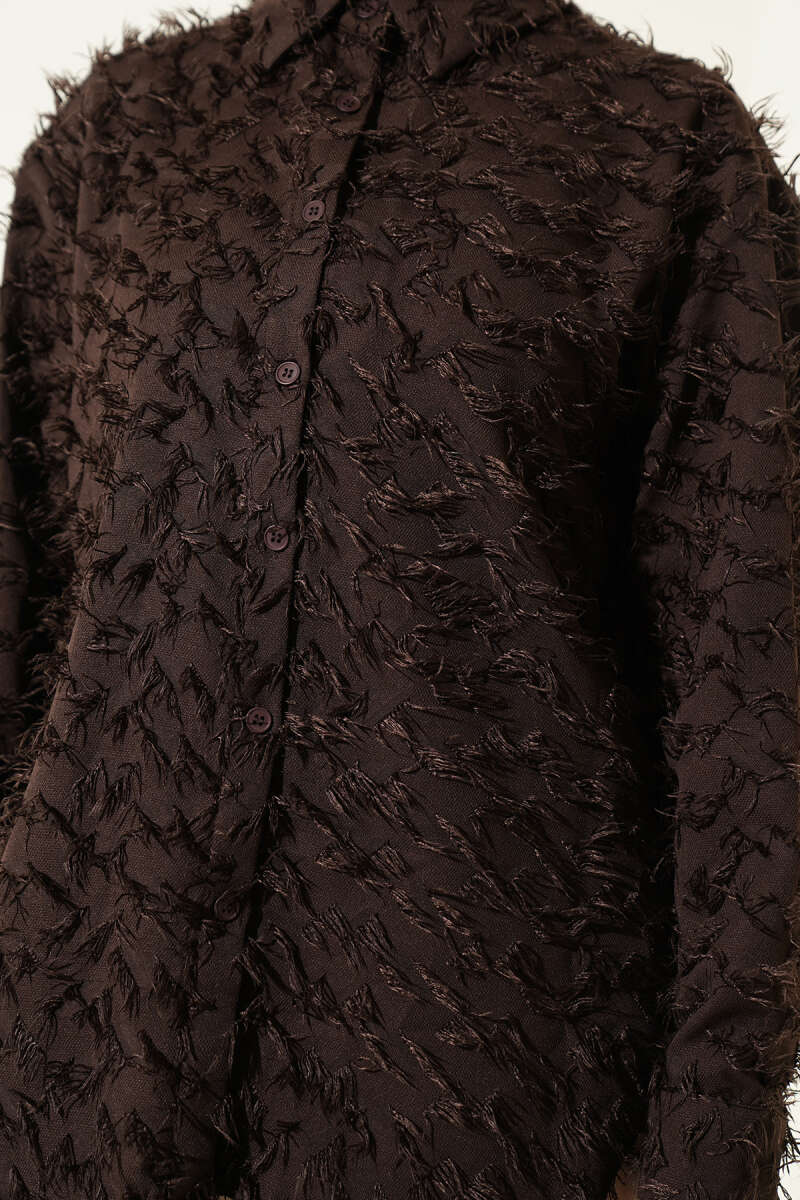 Fluffy Shirt with Ribbed Cuffs - Brown