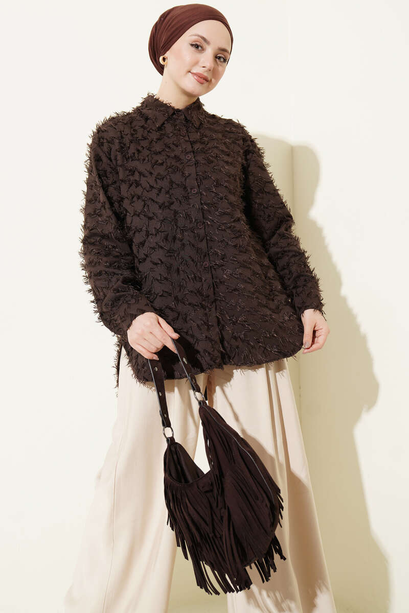Fluffy Shirt with Ribbed Cuffs - Brown