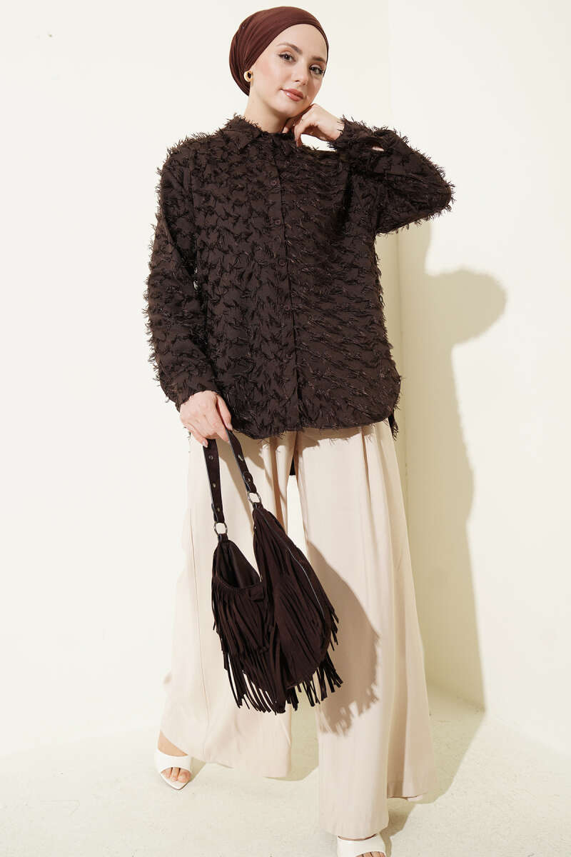 Fluffy Shirt with Ribbed Cuffs - Brown