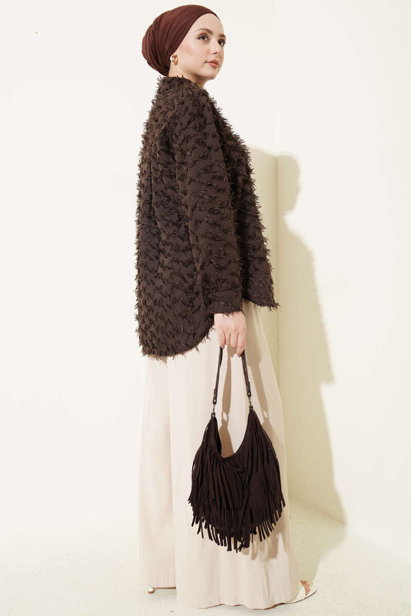Fluffy Shirt with Ribbed Cuffs - Brown