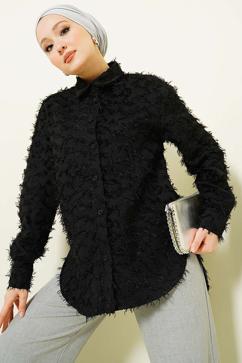 Fluffy Shirt with Ribbed Cuffs - Black