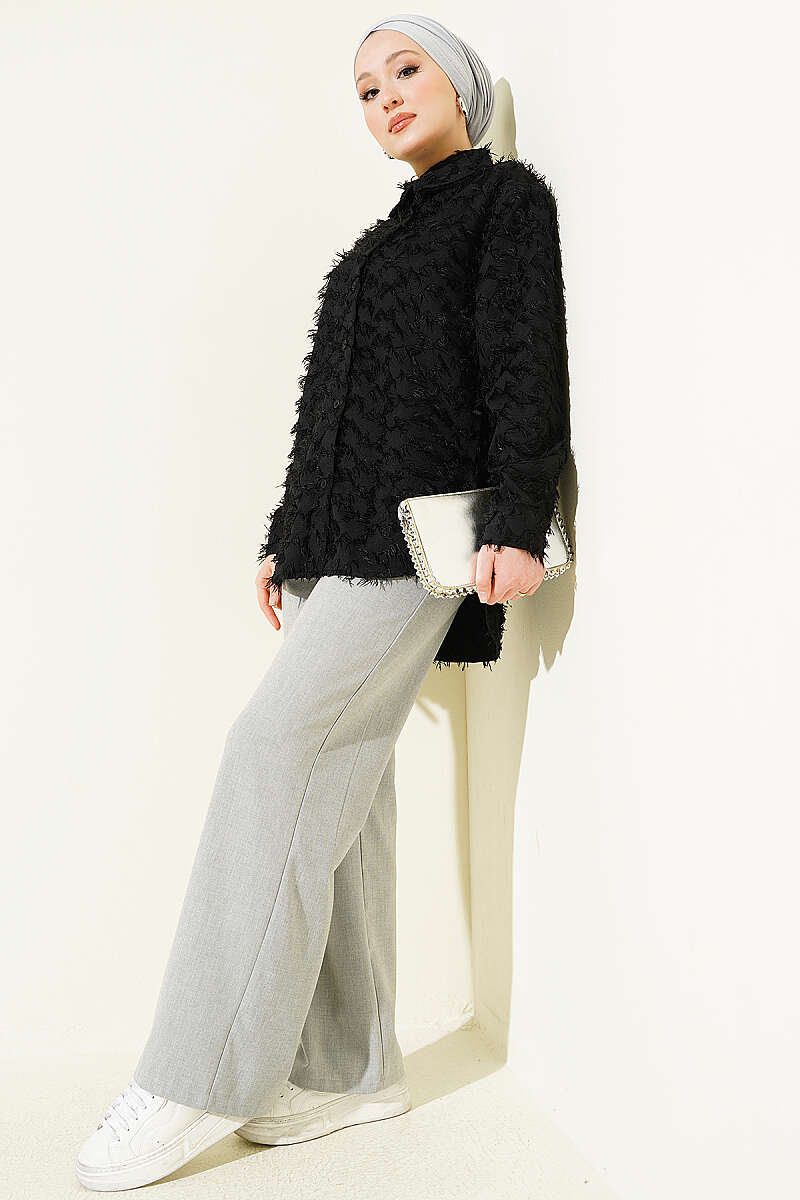 Fluffy Shirt with Ribbed Cuffs - Black