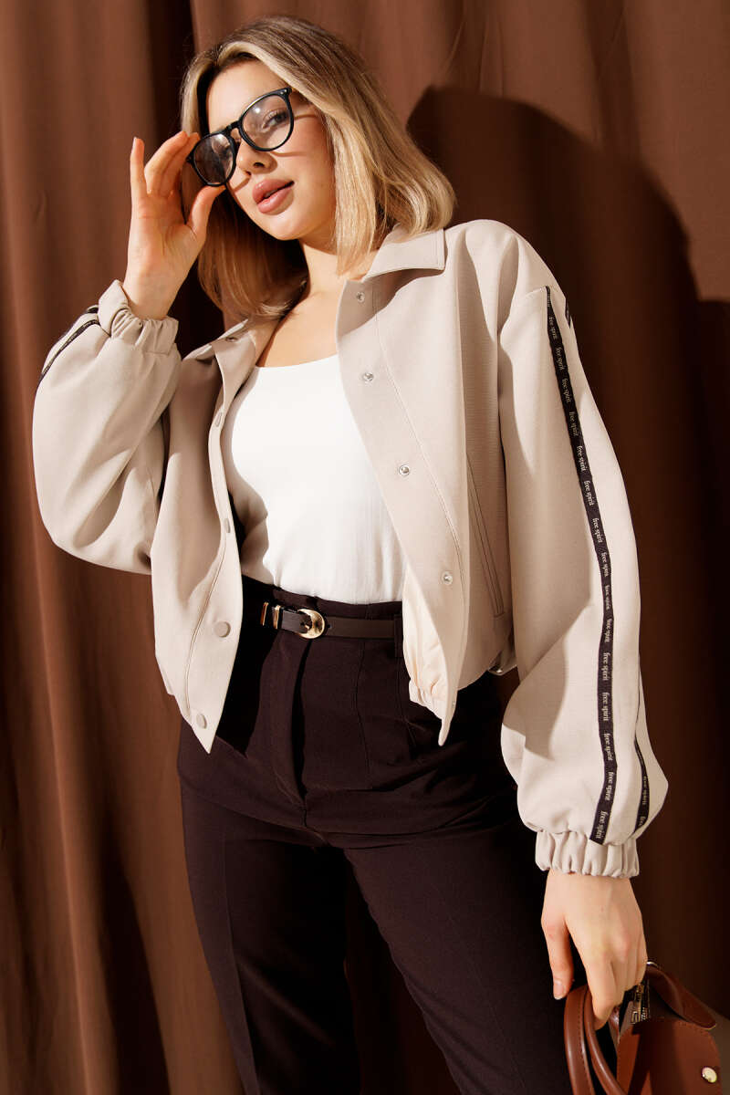 Snap-Button Jacket with Sleeve Stripes - Beige