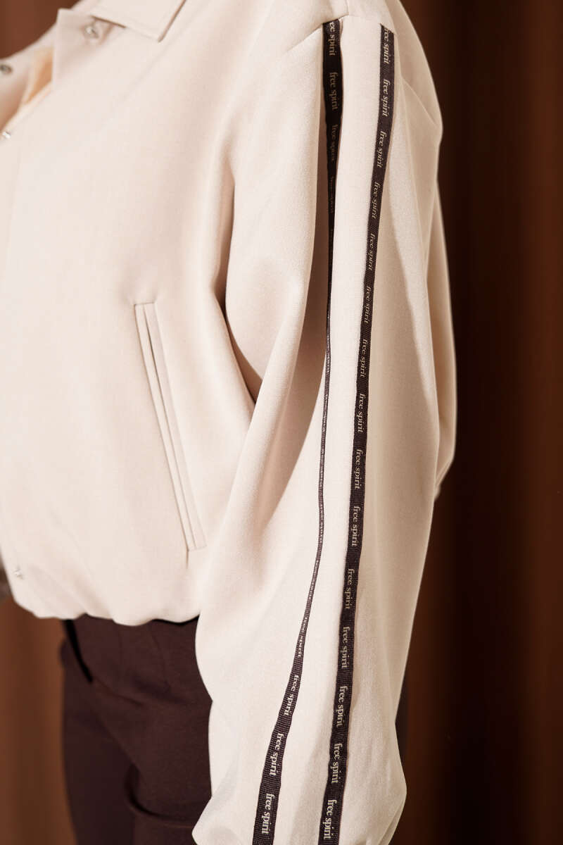 Snap-Button Jacket with Sleeve Stripes - Beige
