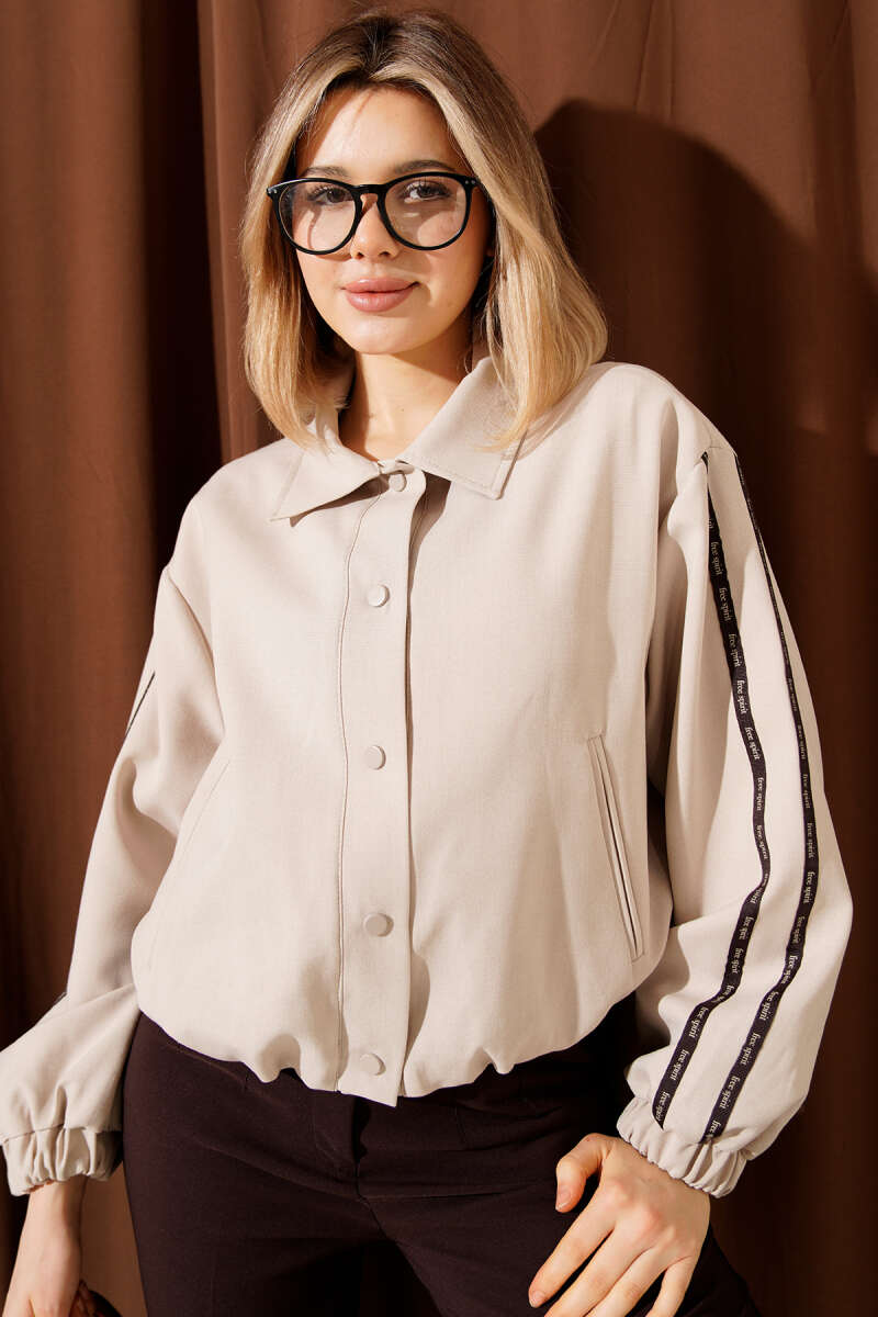 Snap-Button Jacket with Sleeve Stripes - Beige