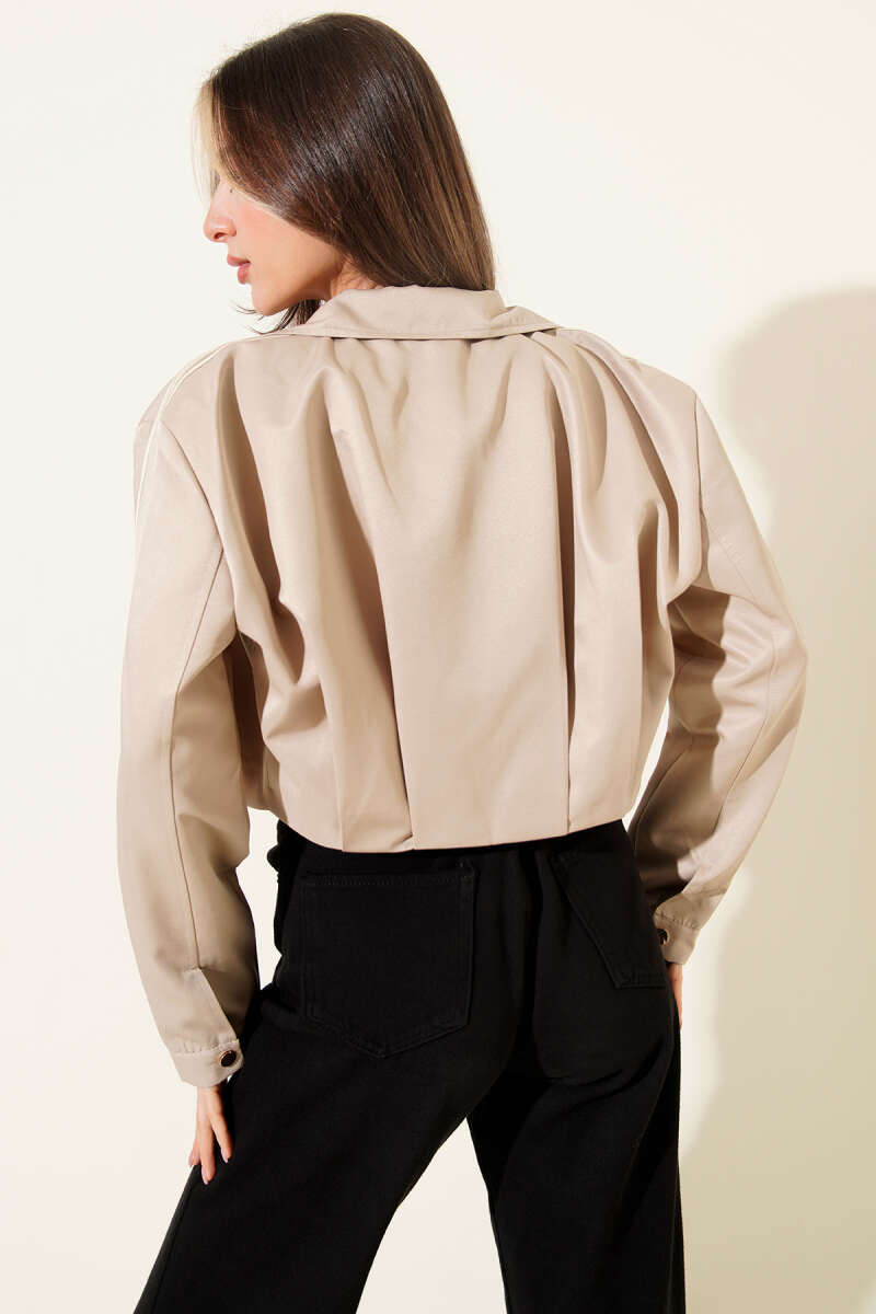 Cropped Jacket with Sleeve Stripes and Darts - Beige
