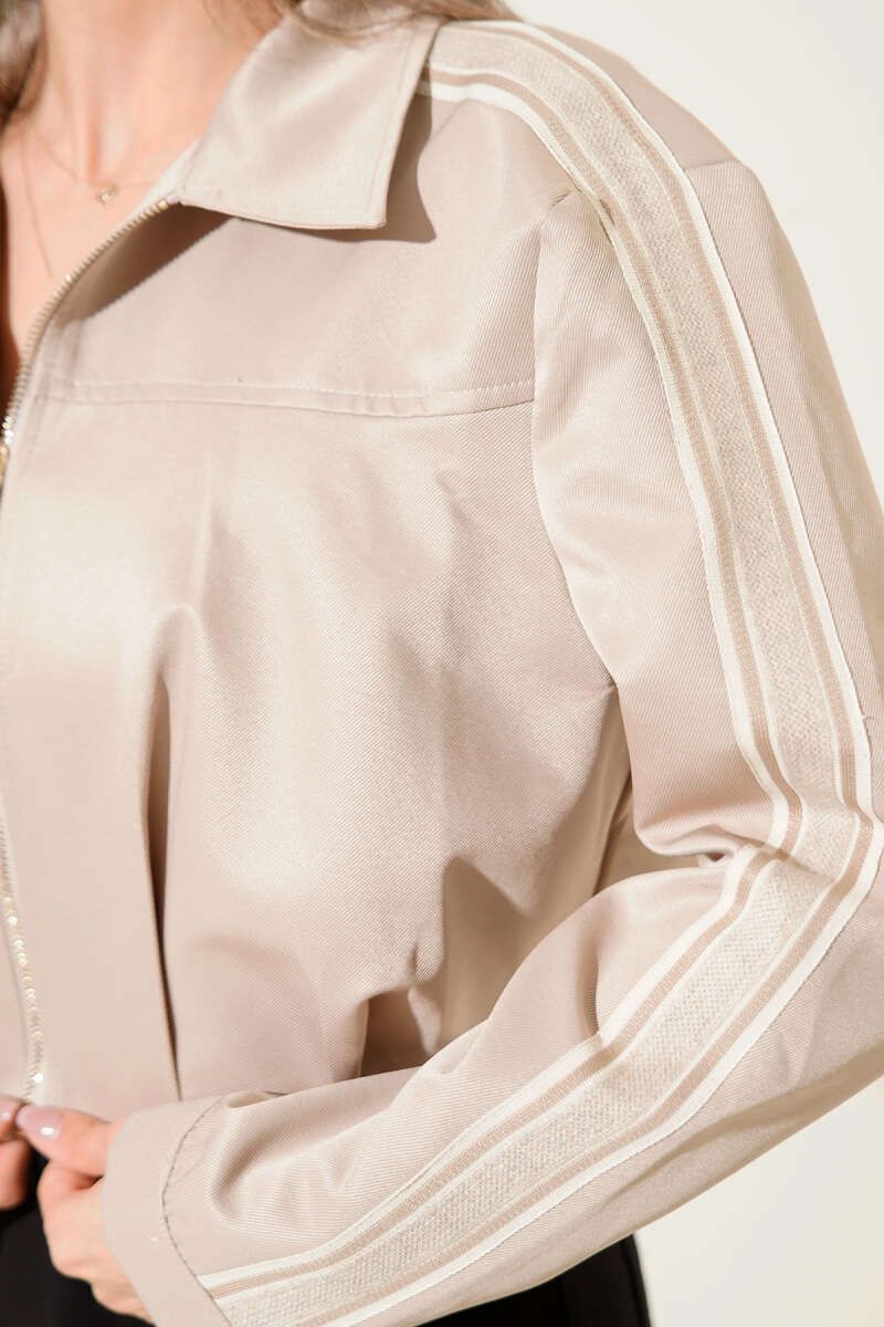 Cropped Jacket with Sleeve Stripes and Darts - Beige