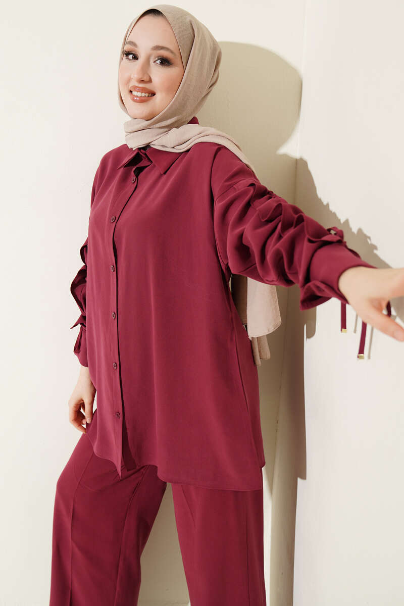 Two-Piece Set with Ruched Drawstring Sleeves - Burgundy