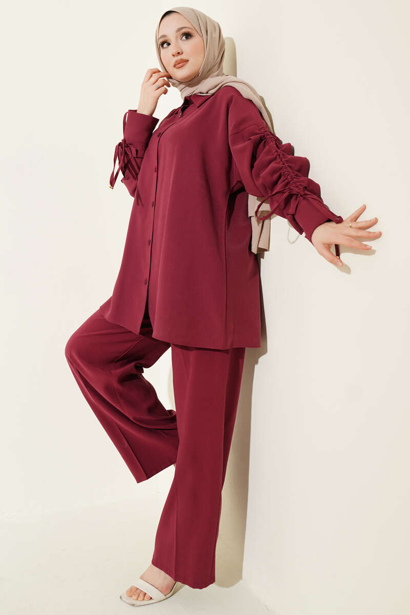 Two-Piece Set with Ruched Drawstring Sleeves - Burgundy
