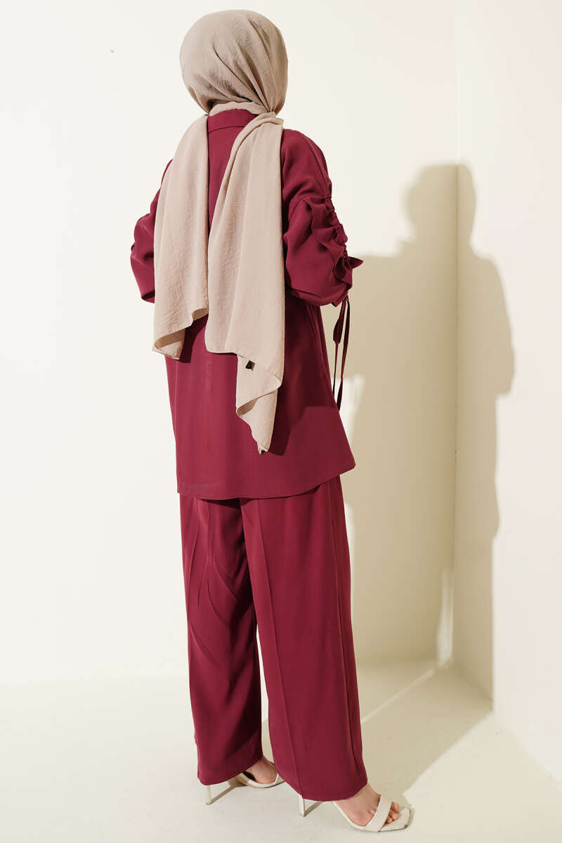 Two-Piece Set with Ruched Drawstring Sleeves - Burgundy