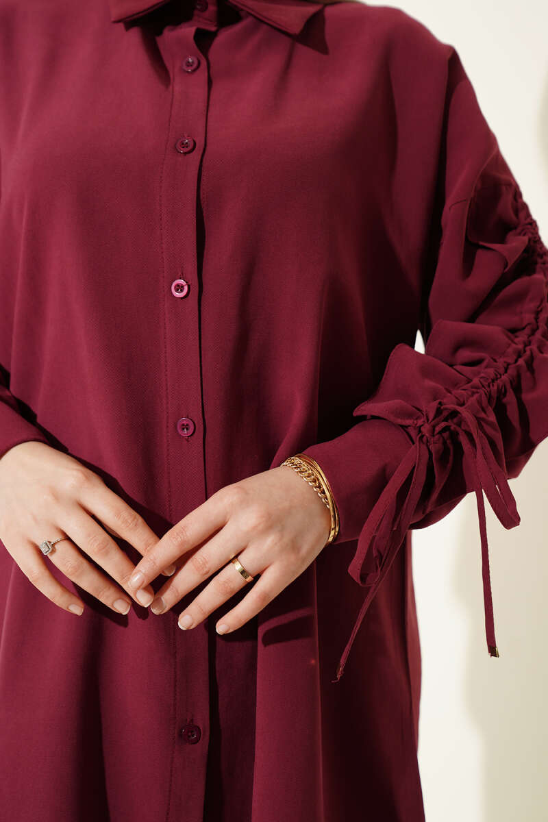 Two-Piece Set with Ruched Drawstring Sleeves - Burgundy