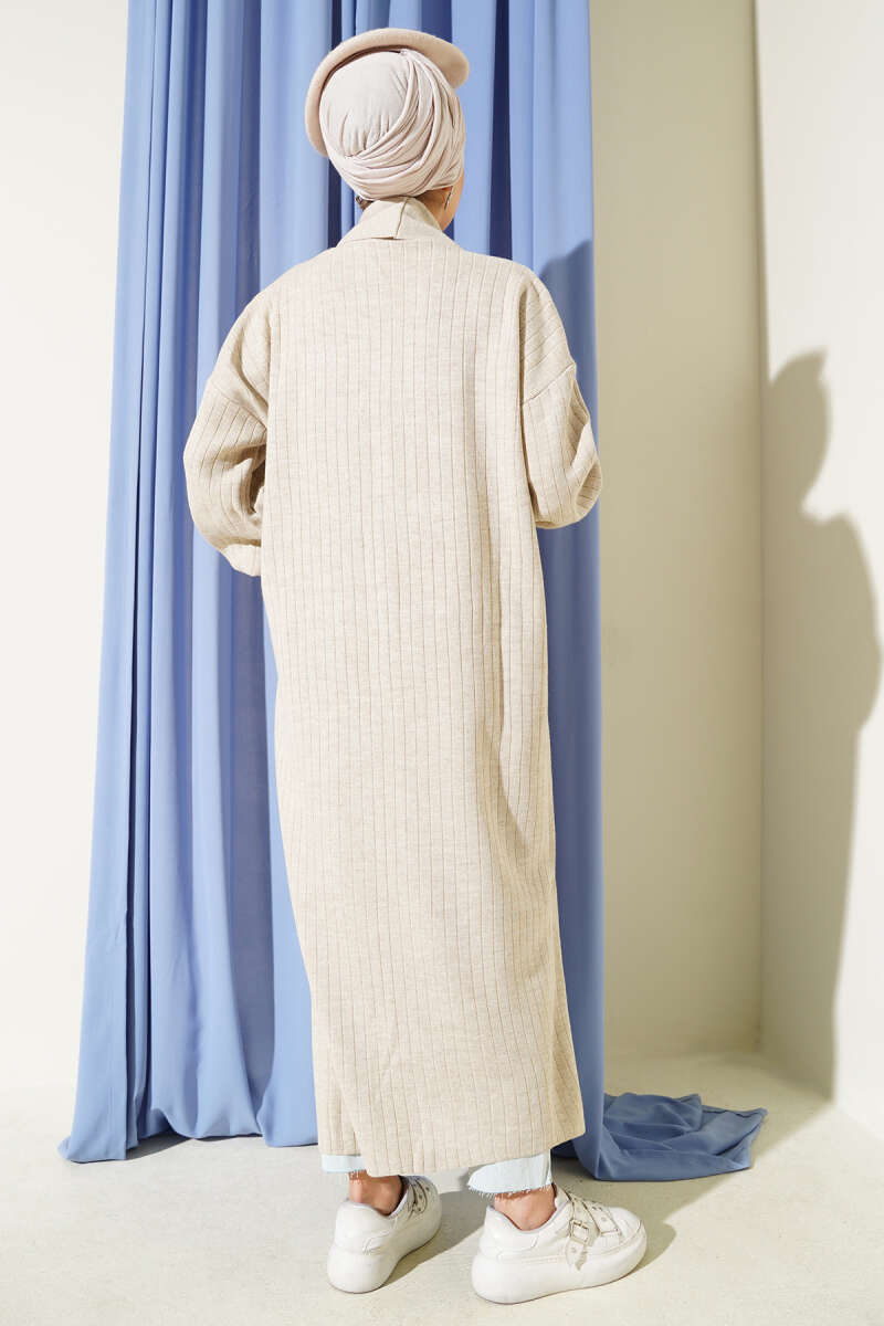 Shawl-Collar Knit Cardigan with Button Cuffs - Beige