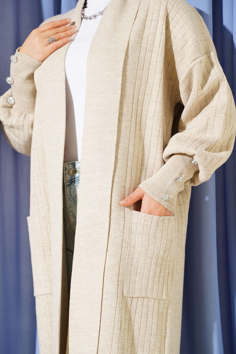 Shawl-Collar Knit Cardigan with Button Cuffs - Beige