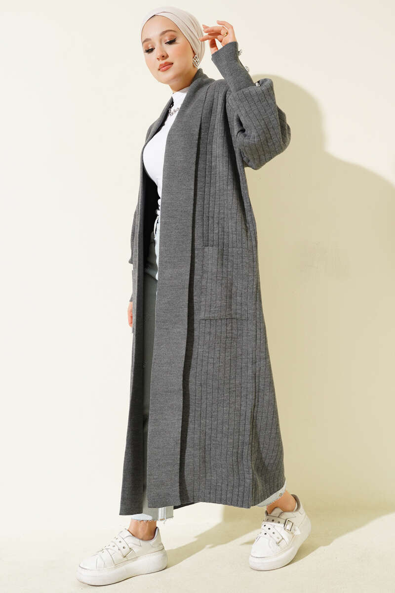 Shawl-Collar Knit Cardigan with Button Cuffs - Smoke Grey