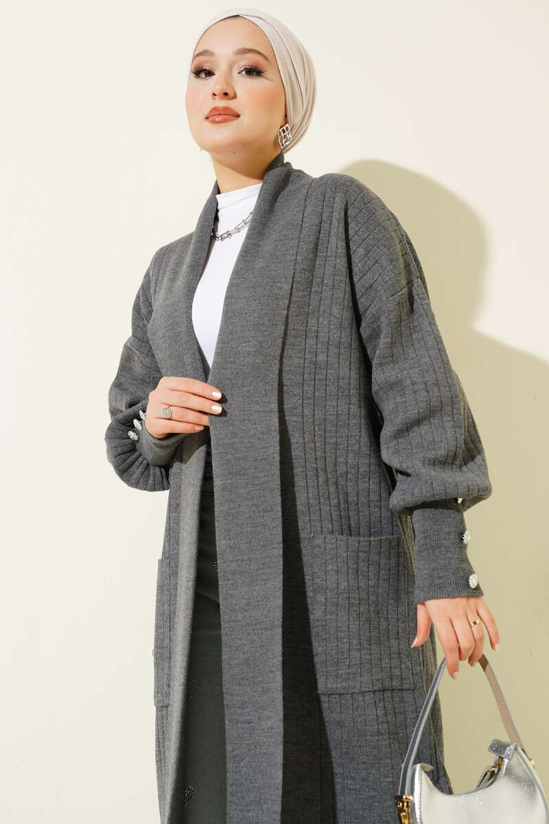 Shawl-Collar Knit Cardigan with Button Cuffs - Smoke Grey