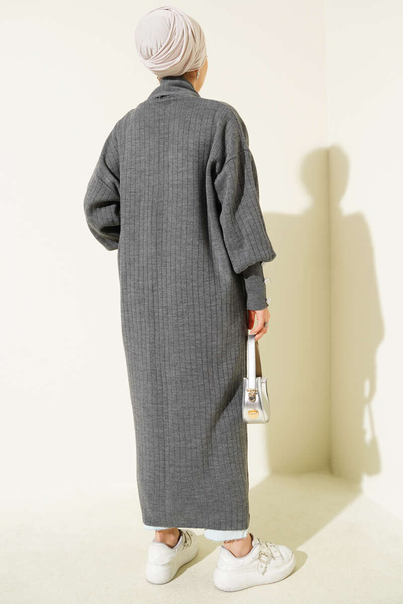 Shawl-Collar Knit Cardigan with Button Cuffs - Smoke Grey