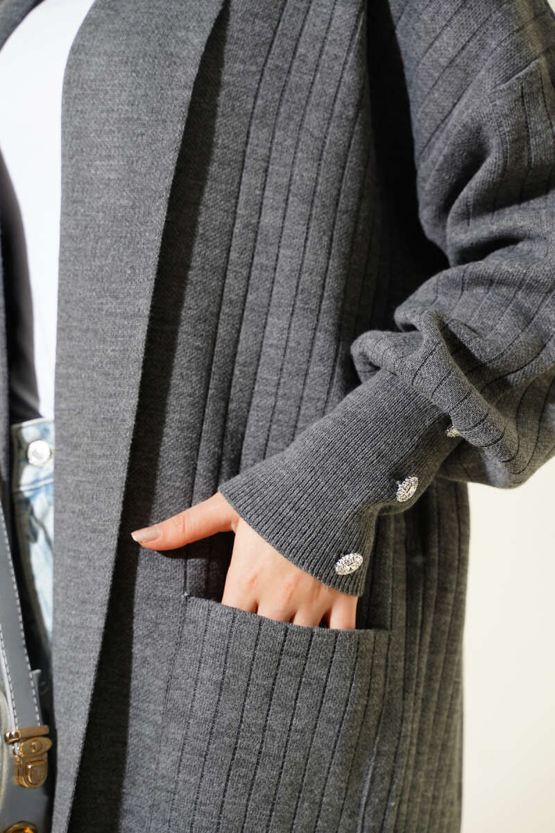 Shawl-Collar Knit Cardigan with Button Cuffs - Smoke Grey