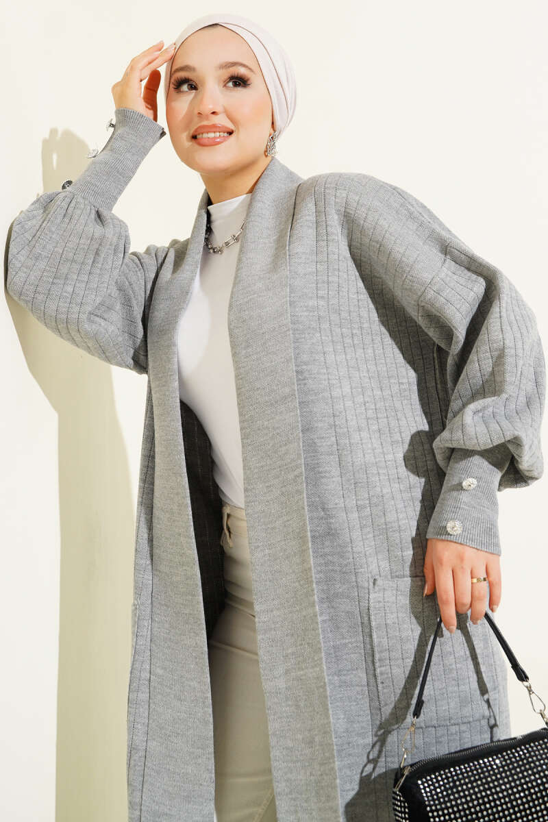 Shawl-Collar Knit Cardigan with Button Cuffs - Grey