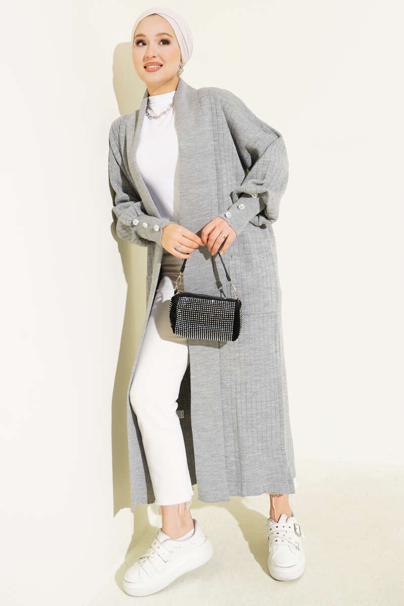 Shawl-Collar Knit Cardigan with Button Cuffs - Grey