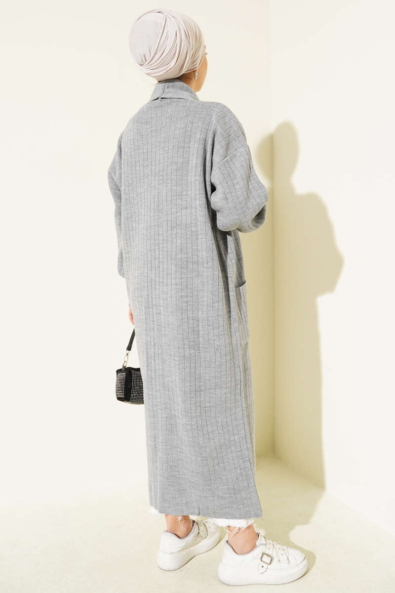 Shawl-Collar Knit Cardigan with Button Cuffs - Grey