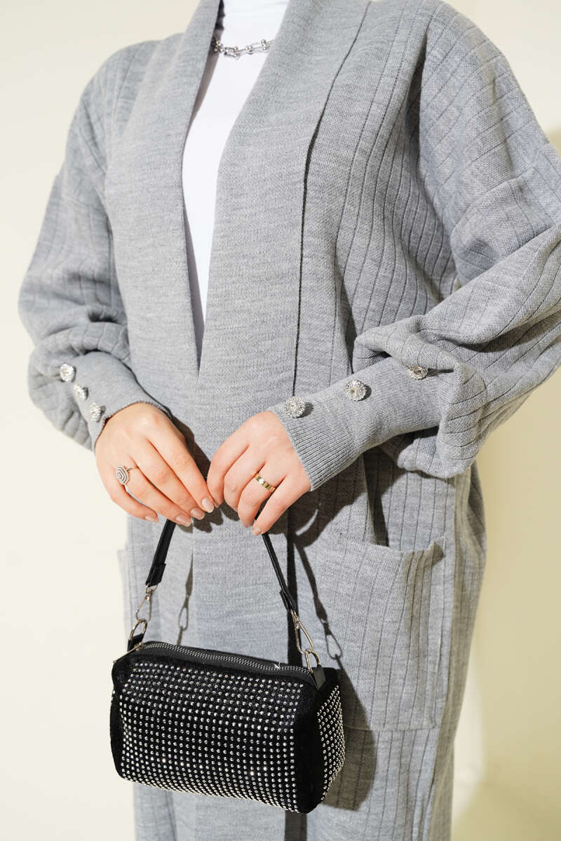 Shawl-Collar Knit Cardigan with Button Cuffs - Grey