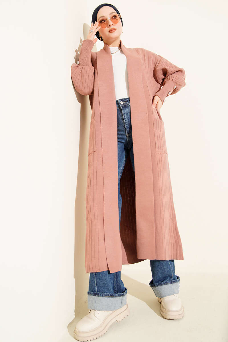 Shawl-Collar Knit Cardigan with Button Cuffs - Dusty Rose