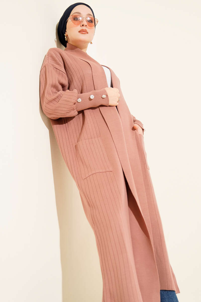 Shawl-Collar Knit Cardigan with Button Cuffs - Dusty Rose
