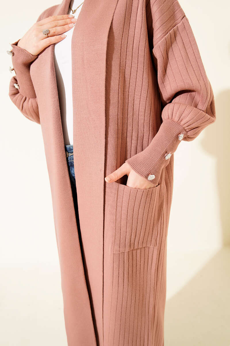 Shawl-Collar Knit Cardigan with Button Cuffs - Dusty Rose