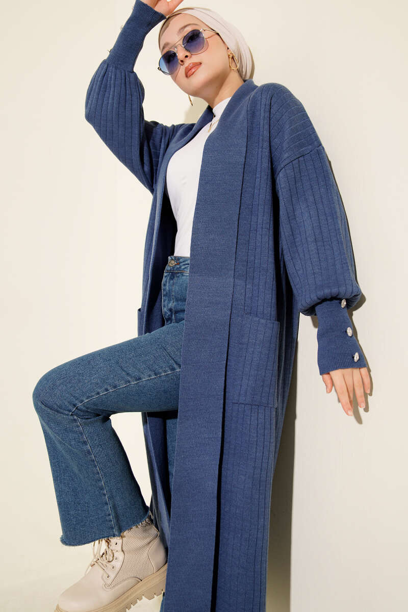 Shawl-Collar Knit Cardigan with Button Cuffs - Indigo