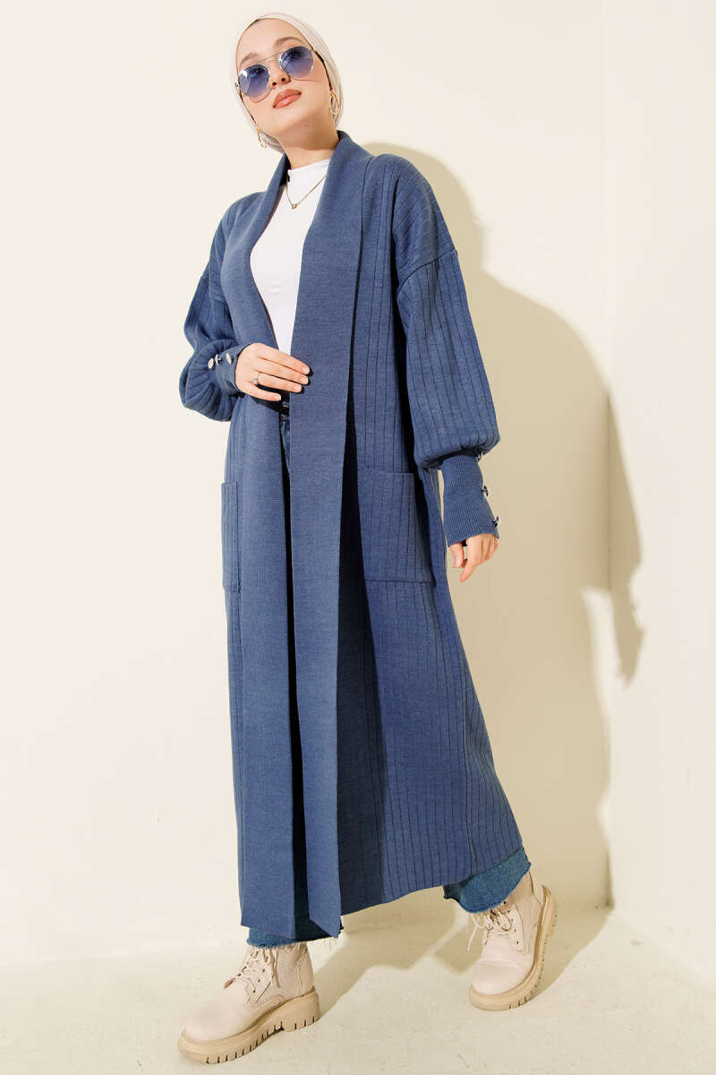 Shawl-Collar Knit Cardigan with Button Cuffs - Indigo