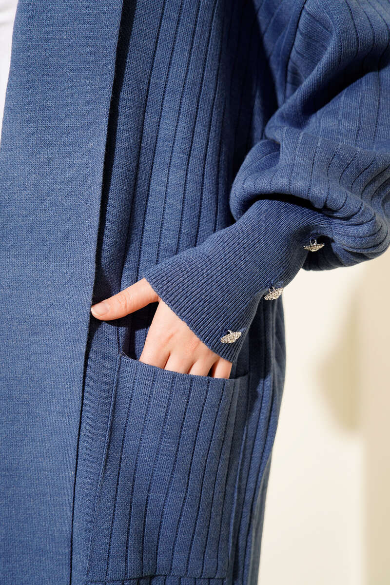 Shawl-Collar Knit Cardigan with Button Cuffs - Indigo