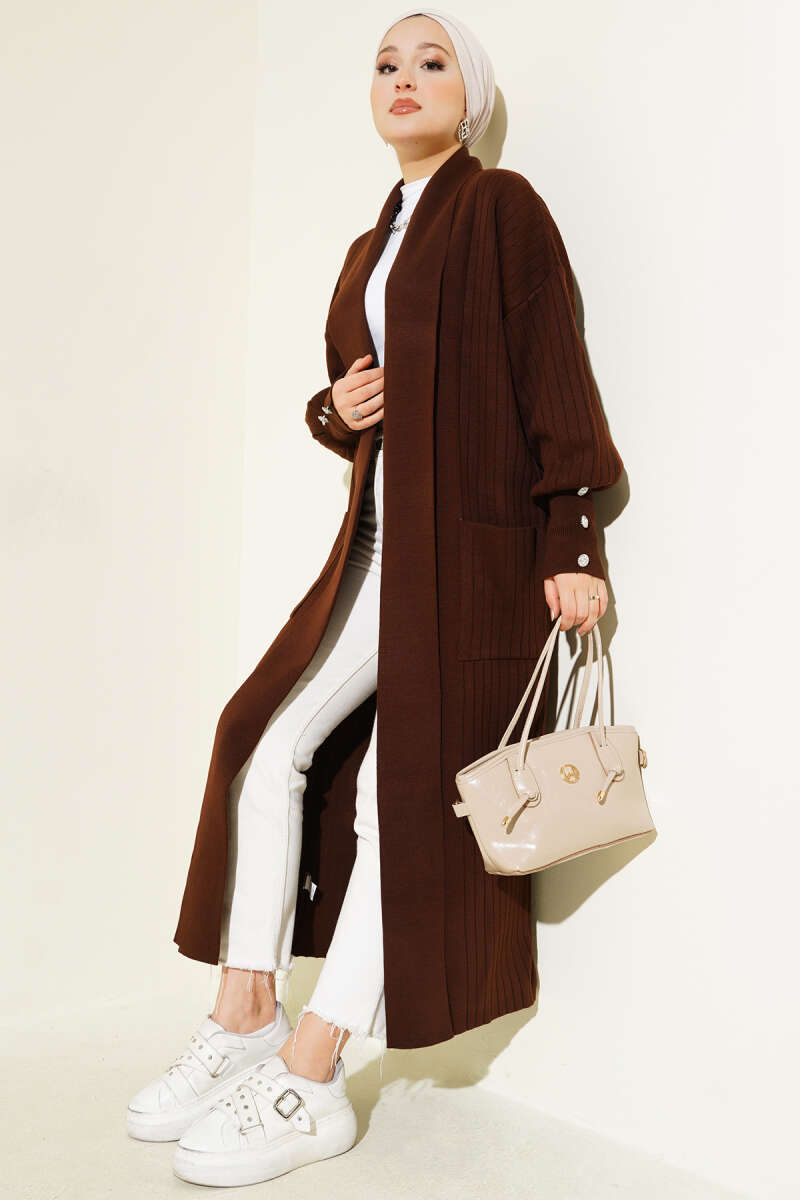 Shawl-Collar Knit Cardigan with Button Cuffs - Brown