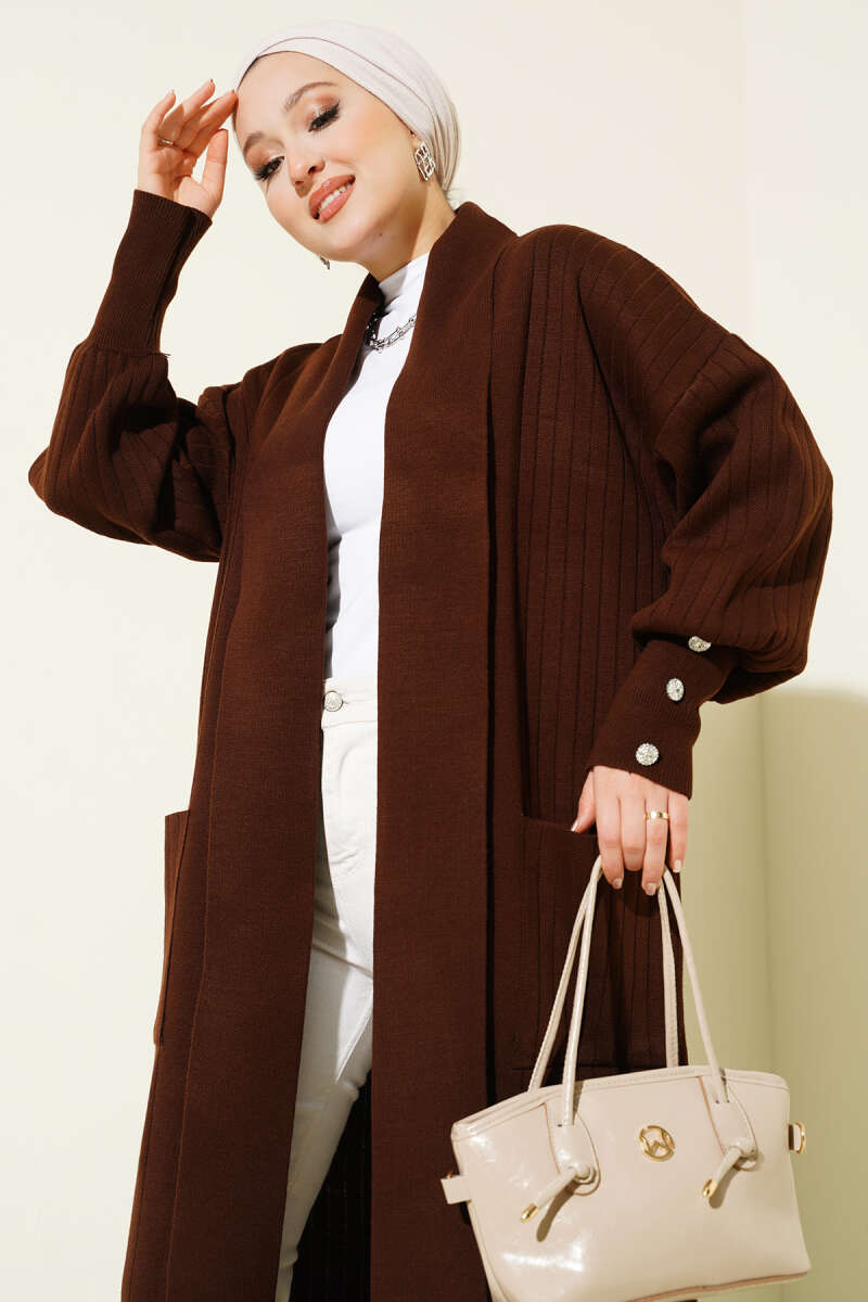 Shawl-Collar Knit Cardigan with Button Cuffs - Brown