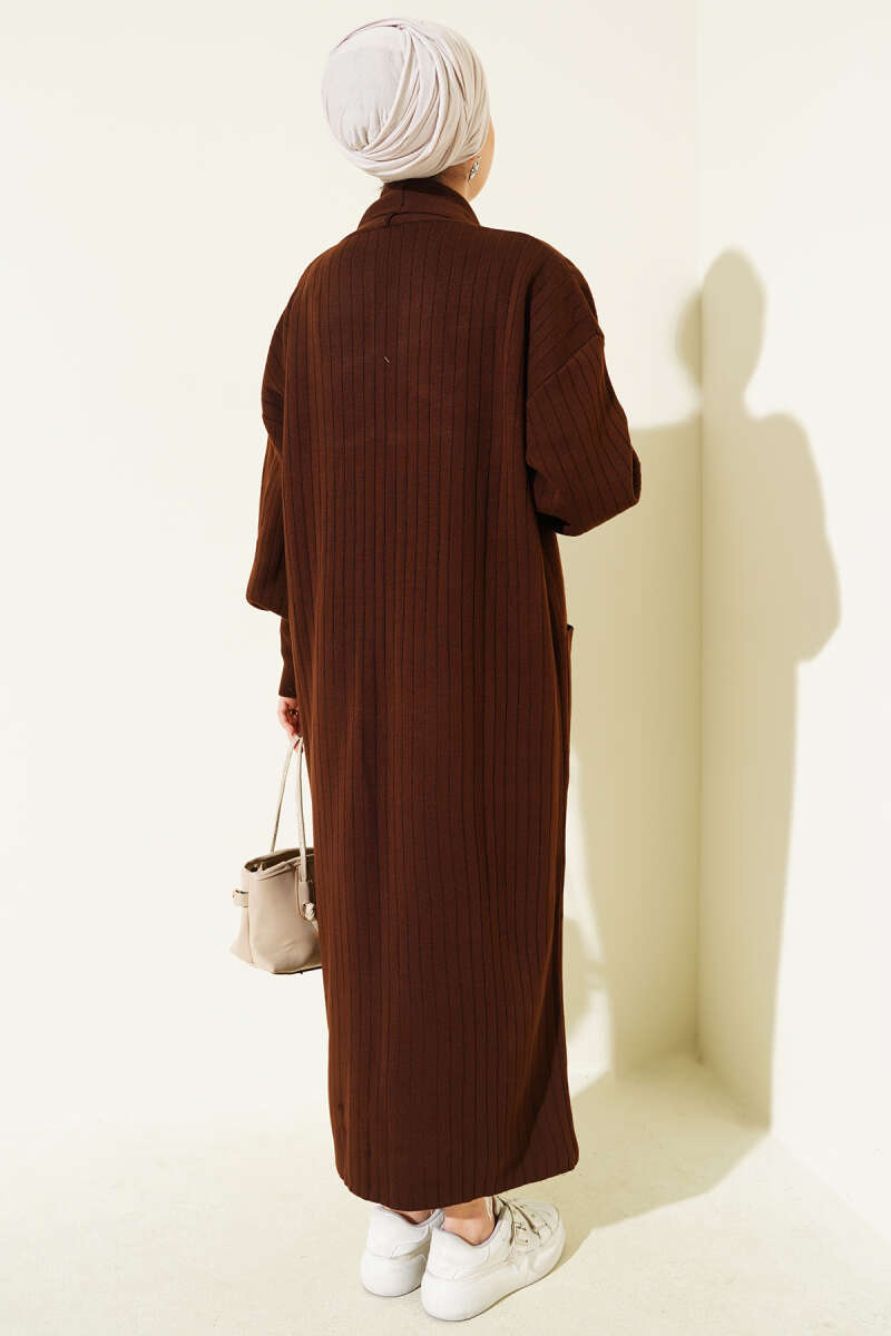 Shawl-Collar Knit Cardigan with Button Cuffs - Brown
