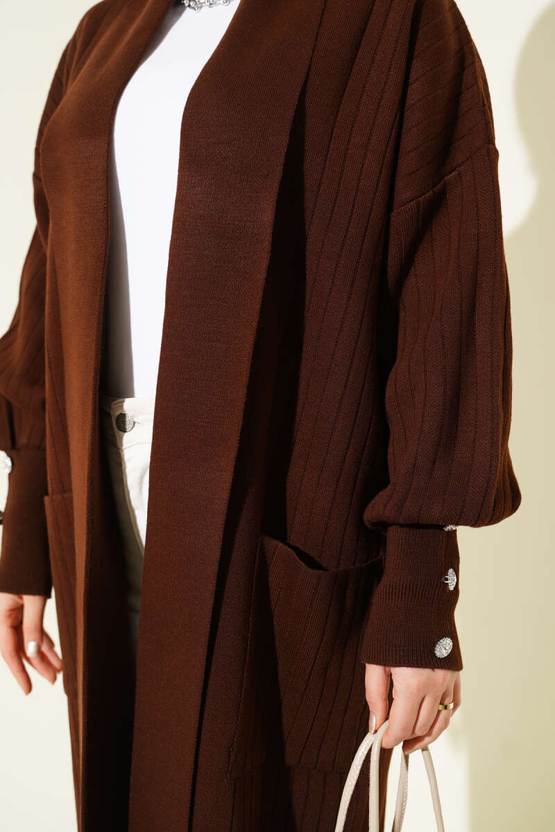 Shawl-Collar Knit Cardigan with Button Cuffs - Brown