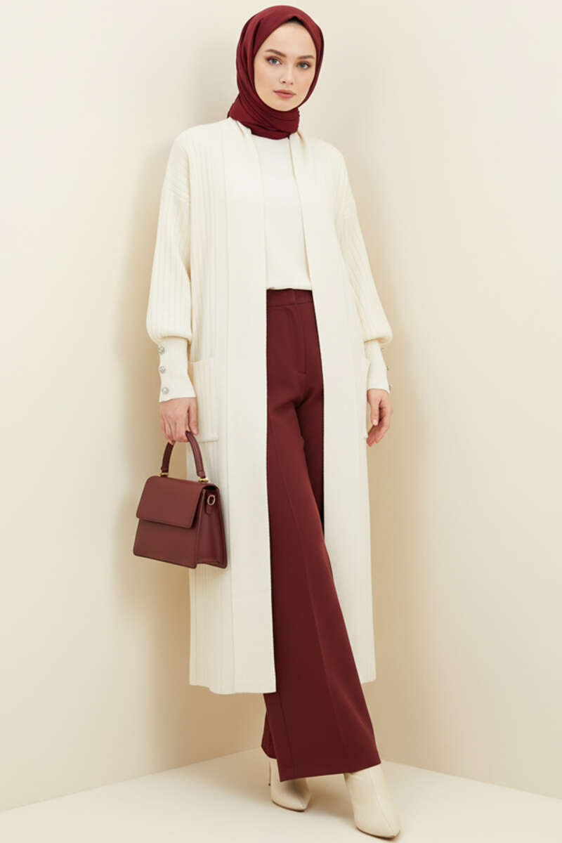 Shawl-Collar Knit Cardigan with Button Cuffs - Bone