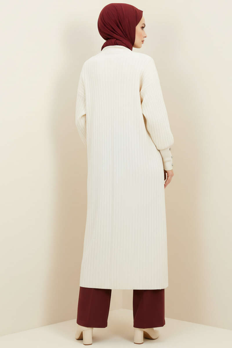 Shawl-Collar Knit Cardigan with Button Cuffs - Bone