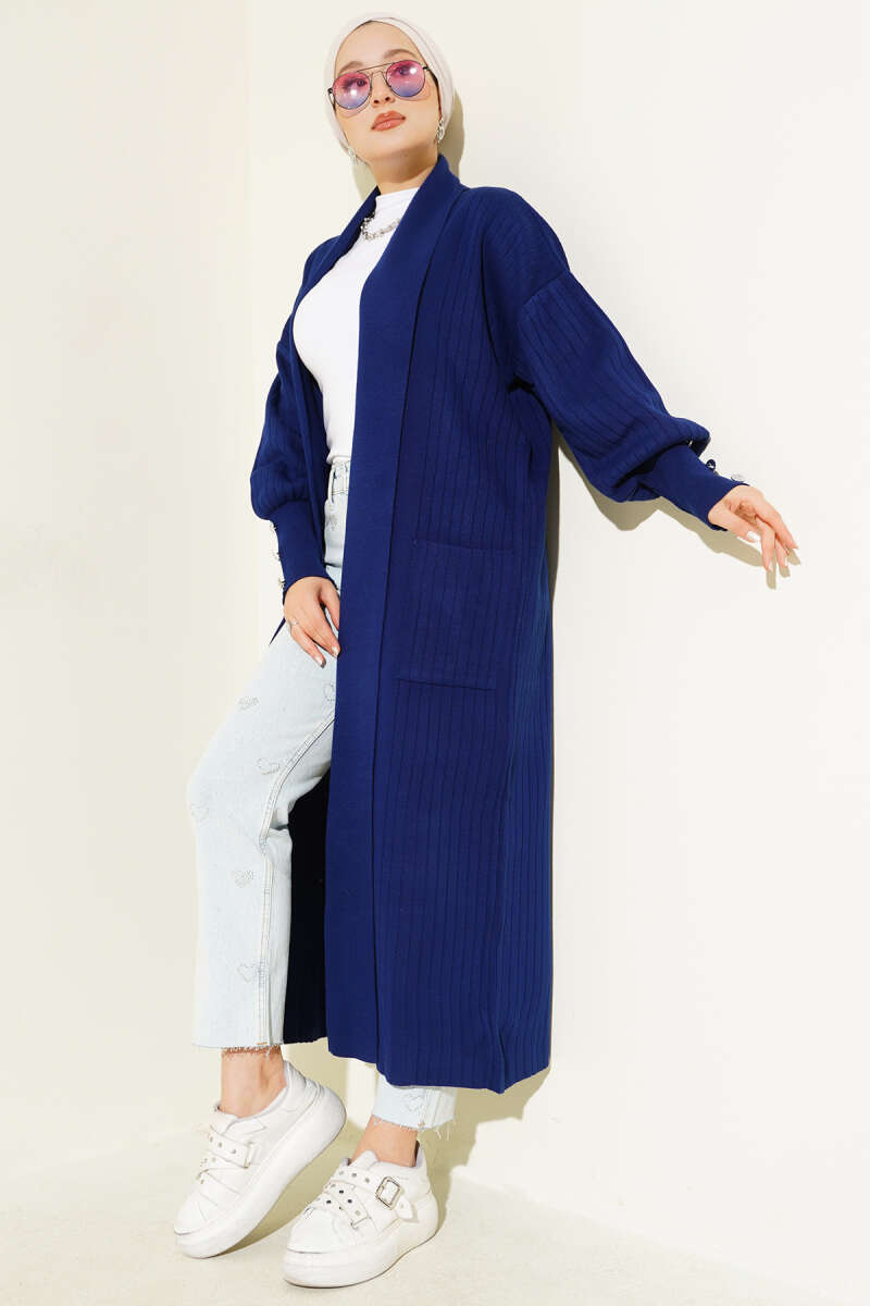 Shawl-Collar Knit Cardigan with Button Cuffs - Navy